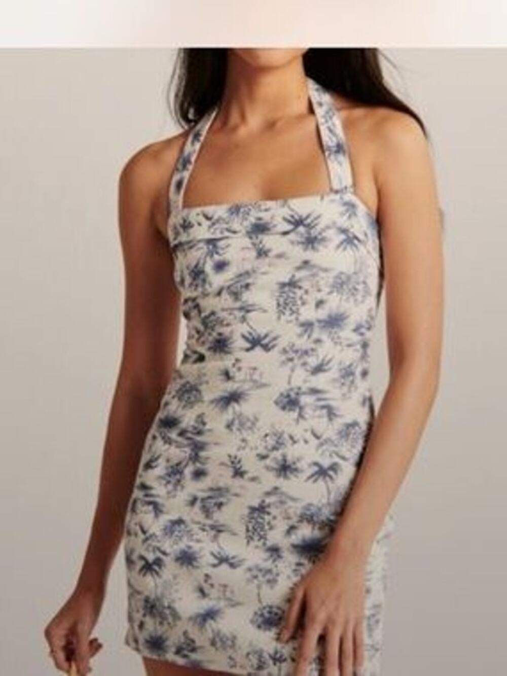 Forever 21 Linen Blend Tropical Blue & White Coastal Halter Mini Dress NWT Sz M